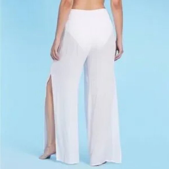 New Kona Sol Smocked Waist Side Slit Cover Up Pants White Sheer Opaque Gauzy Med - Picture 4 of 5